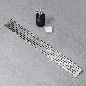 sanitemodar 24 inch linear shower drain with removable square hole panel by using brushed 304 stainless steel process, linear drain equipped with adjustable feet and hair strainer