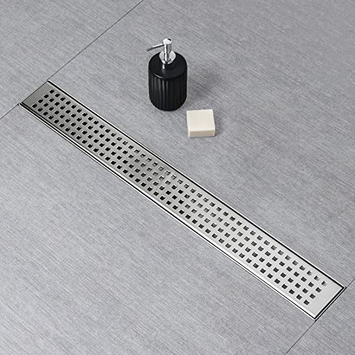 SaniteModar 24 inch Linear Shower Drain with Removable Square Hole Panel by Using Brushed 304 Stainless Steel Process, Linear Drain Equipped with Adjustable Feet and Hair Strainer