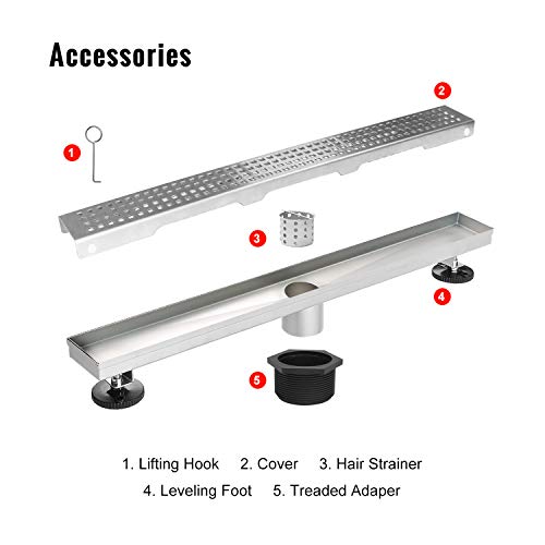 SaniteModar 24 inch Linear Shower Drain with Removable Square Hole Panel by Using Brushed 304 Stainless Steel Process, Linear Drain Equipped with Adjustable Feet and Hair Strainer