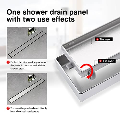 SaniteModar 24 inch Linear Shower Drain comes with Tiled Stealth and 304 Stainless Steel Brushed Polished 2 in 1 Panels.Tile Insert Shower Drain is Equipped Adjustable Feet,Hair Filters