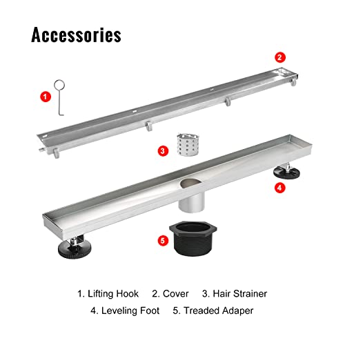 SaniteModar 24 inch Linear Shower Drain comes with Tiled Stealth and 304 Stainless Steel Brushed Polished 2 in 1 Panels.Tile Insert Shower Drain is Equipped Adjustable Feet,Hair Filters