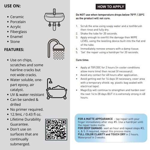 MagicEzy Bath & Sink RepairEzy - (White) - Porcelain Bath Repair Kit - Easy Bathtub Chip Repair - Enamel Sink Chip Repair - Fiberglass Shower Repair -Bathroom Crack Filler