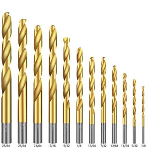 Twist Drill Bit Set(12PCS), Werkzeug Titanium Drill Bit Set General Purpose High-Speed Steel, Metal Drill Bits Set for Wood, Plastic, Metal, Aluminum Alloy etc (1/8" - 25/64")