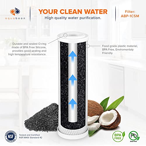 Aquaboon Universal 5 Micron 10 x 2.5 inch Cartridge | Premium Whole House Replacement Water Filter Cartridge | Coconut Shell Activated Carbon Block CTO | Compatible with Whirlpool WHA2BF5, 6 Pack
