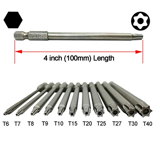 YDLQWCZ Long Torx Security Head Screwdriver Drill Set 1/4 Inch Hex Shank T6 T7 T8 T9 T10 T15 T20 T25 T27 T30 T40 11 Pieces 4 Inch Length S2 Steel Torx Screwdriver Bit Set (11pcs Torx Head 100mm)