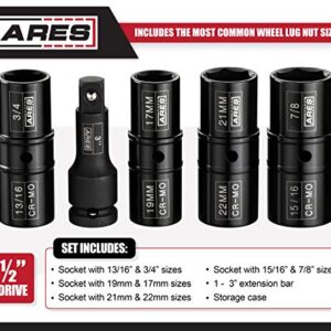 ARES 59010-5-Piece 1/2-inch Drive Lug Nut Flip Socket Set - Includes 17mm, 19mm, 21mm, 22mm Metric Sizes & 3/4-Inch, 13/16-Inch, 7/8-Inch, 15/16-Inch SAE Sizes - Impact Grade Chrome-Moly Steel