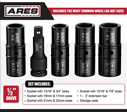 ARES 59010-5-Piece 1/2-inch Drive Lug Nut Flip Socket Set - Includes 17mm, 19mm, 21mm, 22mm Metric Sizes & 3/4-Inch, 13/16-Inch, 7/8-Inch, 15/16-Inch SAE Sizes - Impact Grade Chrome-Moly Steel