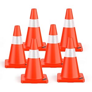 battife 6pack 18inch traffic safety cones with reflective collars, pvc orange construction cone for home road driveway parking