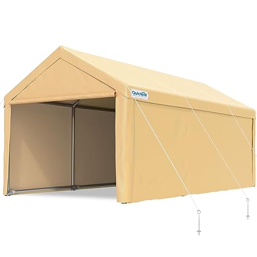 Quictent 10’x20’ Carport Heavy Duty Car Canopy Galvanized Car Shelter with Reinforced Steel Cables and Ground Bars-Beige