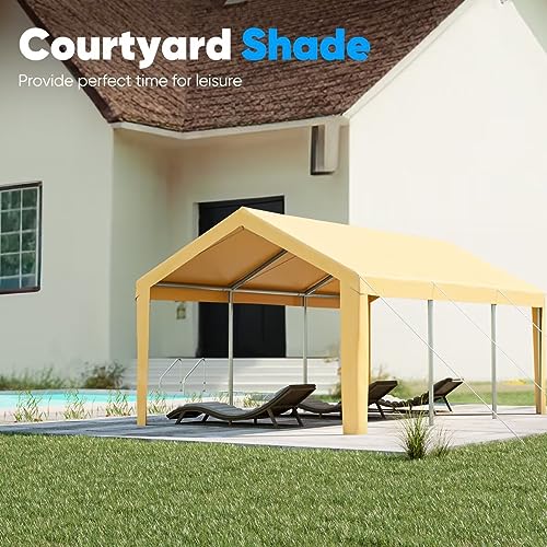 Quictent 10’x20’ Carport Heavy Duty Car Canopy Galvanized Car Shelter with Reinforced Steel Cables and Ground Bars-Beige