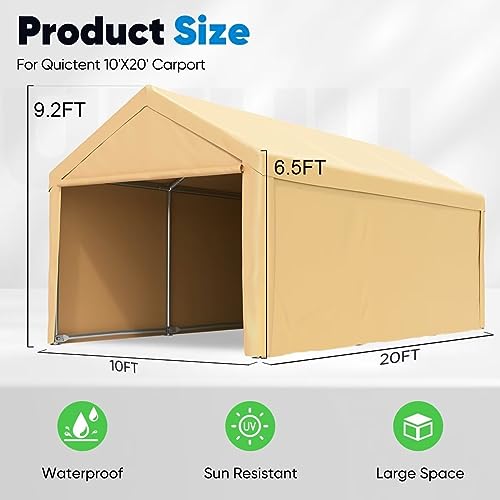 Quictent 10’x20’ Carport Heavy Duty Car Canopy Galvanized Car Shelter with Reinforced Steel Cables and Ground Bars-Beige