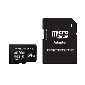 arcanite 64gb microsdxc memory card with adapter - a1, uhs-i u3, v30, 4k, c10, micro sd, optimal read speeds up to 90 mb/s