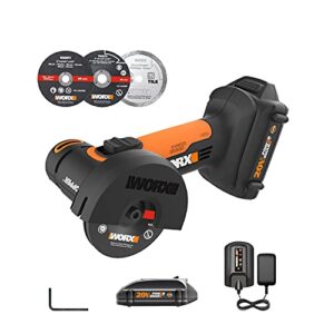 worx 20v 3'' cordless mini cutter wx801l.1 compact angle grinder tool w/ 2 cutting discs, 2.0ah battery & charger included