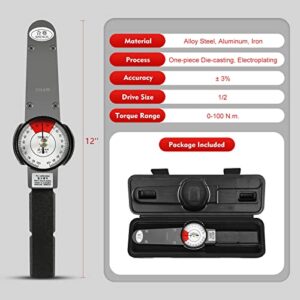 LIANDU-US Dial Indicator Torque Wrench Indicating Torquemeter 1/2" Drive 0-100 Nm High Precision Torque Meter Professional Measure Tool, ± 3% Accuracy