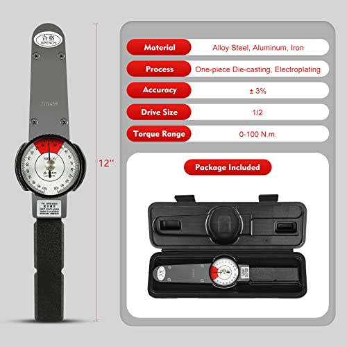 LIANDU-US Dial Indicator Torque Wrench Indicating Torquemeter 1/2" Drive 0-100 Nm High Precision Torque Meter Professional Measure Tool, ± 3% Accuracy