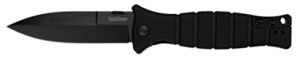 kershaw xcom military-style pocketknife; 3.6-inch black-oxide coated blade and 8cr13mov steel, spearpoint blade, sharpened one side, and glass filled nylon handle, manual open, reversible pocketclip
