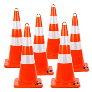 battife 28 inch traffic safety cones 6 pcs with reflective collars, durable pvc orange construction cones for home road parking use