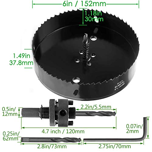 6 inch Hole Saw for Cornhole Boards 152mm Corn Hole Drilling Cutter Heavy Duty Bi-Metal Steel Blade & Hex Shank Drill Bit Adapter By STARVAST for Cutting Cornhole Game, Home Improvement (Black)