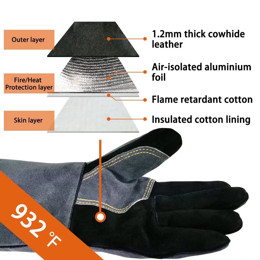 WZQH 16 Inches,932℉,Leather Forge Welding Gloves, Heat/Fire Resistant,Mitts for BBQ,Oven,Grill,Fireplace,Tig,Mig,Baking,Furnace,Stove,Pot Holder,Animal Handling Glove.Black-gray