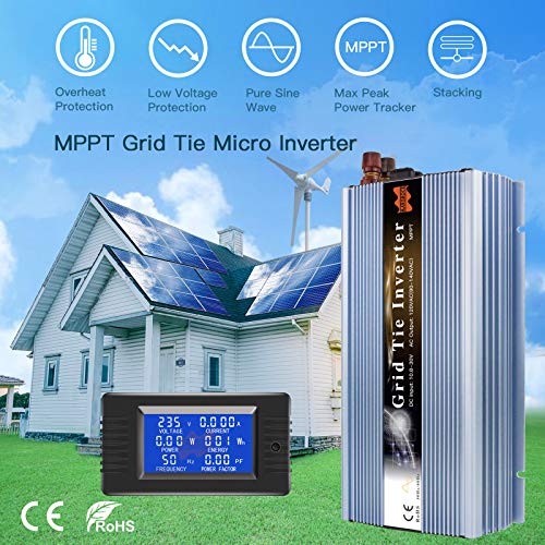 Marsrock 1300W Grid Tie Inverter 50Hz/60Hz Auto 20-50VDC to 90~140VAC Pure Sine Wave Inverter for Max 1500W Solar or Wind Power Input (Blue)