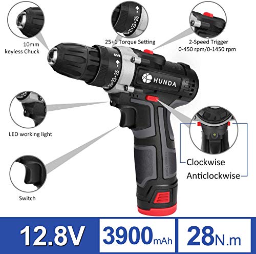 Cordless Drill Set,HUNDA Electric Drill 12.8V Portable Rechargeable Drill,Cordless Drill with Battery and Charger,30 Pcs Accessories,25+1 Clutch, 2/5" Keyless Chuck,2 Speeds,LED Light[Upgraded]