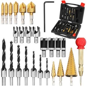 lamptop 26-pack woodworking chamfer drilling tools including countersink drill bits, 3-pointed countersink drill bit with l-wrench, wood plug cutter, step drill bit, and automatic center punch