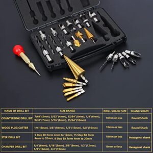 LAMPTOP 26-Pack Woodworking Chamfer Drilling Tools Including Countersink Drill Bits, 3-Pointed Countersink Drill Bit with L-Wrench, Wood Plug Cutter, Step Drill Bit, and Automatic Center Punch