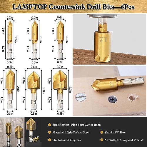 LAMPTOP 26-Pack Woodworking Chamfer Drilling Tools Including Countersink Drill Bits, 3-Pointed Countersink Drill Bit with L-Wrench, Wood Plug Cutter, Step Drill Bit, and Automatic Center Punch