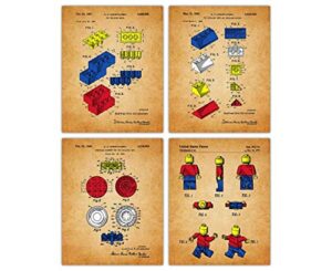 vintage lego patent print, aesthetic wall posters and unique art prints picture for bathroom, home, man cave, dorm, office & bar wall decor poster | set of 4 unframed posters 8x10"