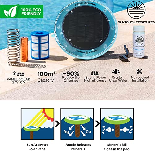 SUNTOUCH TREASURES Solar Pool Ionizer - Floating Water Cleaner and Purifier Keeps Water Clear, Kill Algae in Pool, 85% Less Chlorine, Compatible with Fresh and Salt Water Pools & Spas