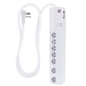 ge pro 7-outlet surge protector, 3ft. power cord, twist-to-lock safety covers, white, 34768