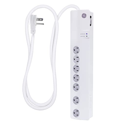 GE Pro 7-Outlet Surge Protector, 3ft. Power Cord, Twist-to-Lock Safety Covers, White, 34768