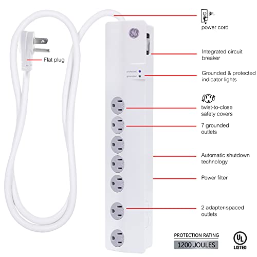 GE Pro 7-Outlet Surge Protector, 3ft. Power Cord, Twist-to-Lock Safety Covers, White, 34768