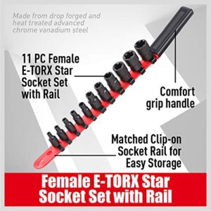 SEDY 11-Piece E-Torx Socket Set - Star Socket Set with Socket Rail, External Torx Socket with Socket Organizer, External Torx Socket Set, E4 E5 E6 E7 E8 E10 E12 E14 E16 E18 E20 Reverse Torx Socket Set