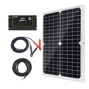 topsolar solar panel kit 20w 12v monocrystalline with 10a solar charge controller + extension cable with battery clips o-ring terminal for rv marine boat off grid system