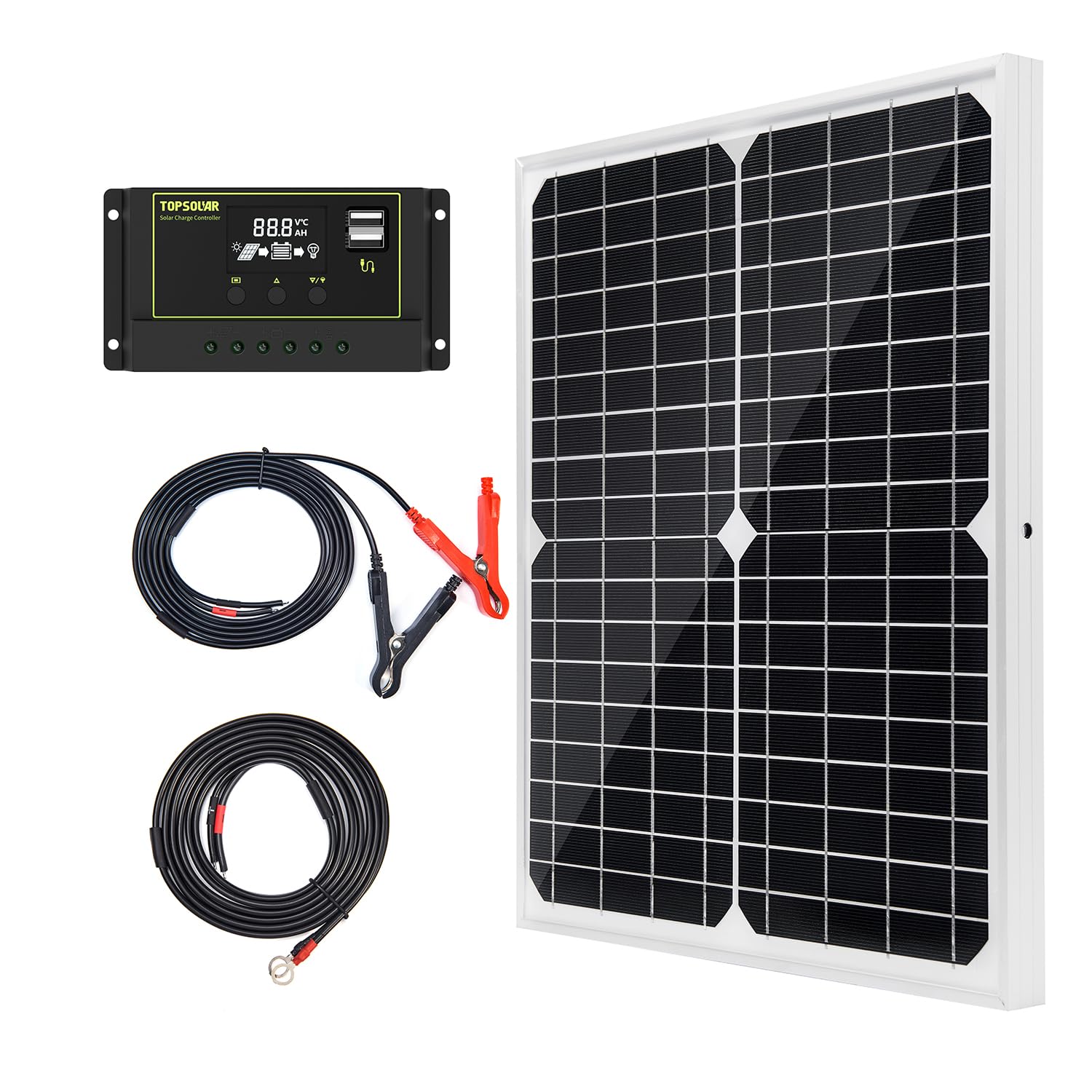 Topsolar Solar Panel Kit 20W 12V Monocrystalline with 10A Solar Charge Controller + Extension Cable with Battery Clips O-Ring Terminal for RV Marine Boat Off Grid System