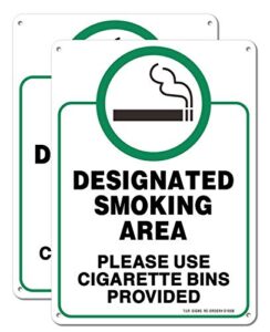 designated smoking area sign, use cigarette bins sign - 2 pack - 10 x 7 inches rust free .040 aluminum - uv protected, waterproof, weatherproof and fade resistant - 4 pre-drilled holes