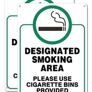 Designated Smoking Area Sign, Use Cigarette Bins Sign - 2 Pack - 10 x 7 Inches Rust Free .040 Aluminum - UV Protected, Waterproof, Weatherproof and Fade Resistant - 4 Pre-drilled Holes