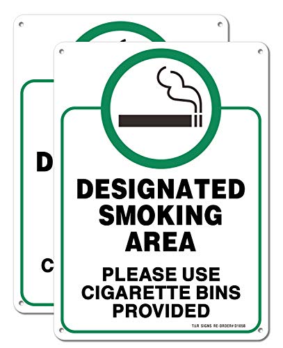 Designated Smoking Area Sign, Use Cigarette Bins Sign - 2 Pack - 10 x 7 Inches Rust Free .040 Aluminum - UV Protected, Waterproof, Weatherproof and Fade Resistant - 4 Pre-drilled Holes