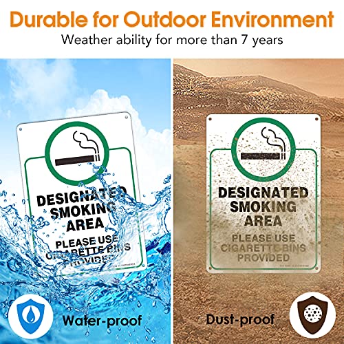 Designated Smoking Area Sign, Use Cigarette Bins Sign - 2 Pack - 10 x 7 Inches Rust Free .040 Aluminum - UV Protected, Waterproof, Weatherproof and Fade Resistant - 4 Pre-drilled Holes