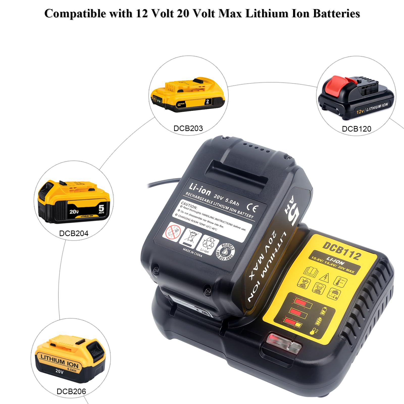 Elefly 12V-20V Battery Charger DCB112 Compatible with 12V 20V/60V MAX Lithium Battery DCB206 DCB204 DCB609 DCB606 DCB120 DCB124, Replacement for 20V Charger DCB115 DCB118 DCB102 DCB107