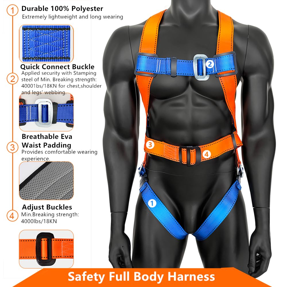 GLOROUSCHU Full Body Safety Harness Tool Fall Protection，OSHA/ANSI Compliant,ASTM F1774certified | INTERNAL Shock Absorbing Lanyard（Orange）