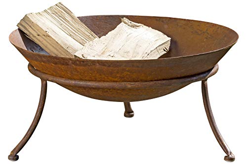 WHW Whole House Worlds 2 Piece Americana Fire Pit Set, Wide Bowl, Raised Tripod Stand, Vintage Style Rusty Finish, Iron, 18 1/2 Diameter x 9 H Inches