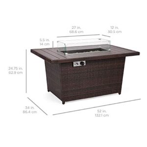 Best Choice Products 52in 50,000 BTU Outdoor Wicker Patio Propane Gas Fire Pit Table w/Aluminum Tabletop, Glass Wind Guard, Clear Glass Rocks, Cover, Slide Out Tank Holder, and Lid - Brown