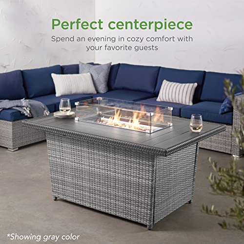Best Choice Products 52in 50,000 BTU Outdoor Wicker Patio Propane Gas Fire Pit Table w/Aluminum Tabletop, Glass Wind Guard, Clear Glass Rocks, Cover, Slide Out Tank Holder, and Lid - Brown