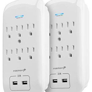 Fosmon 6 Outlet Surge Protector 1200 Joules with 2 USB Ports Charger (3.1A), Multi Plug Outlet Extender 1875 Watt, 3-Prong Grounded Wall Tap Adapter (2 Pack)