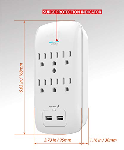 Fosmon 6 Outlet Surge Protector 1200 Joules with 2 USB Ports Charger (3.1A), Multi Plug Outlet Extender 1875 Watt, 3-Prong Grounded Wall Tap Adapter (2 Pack)