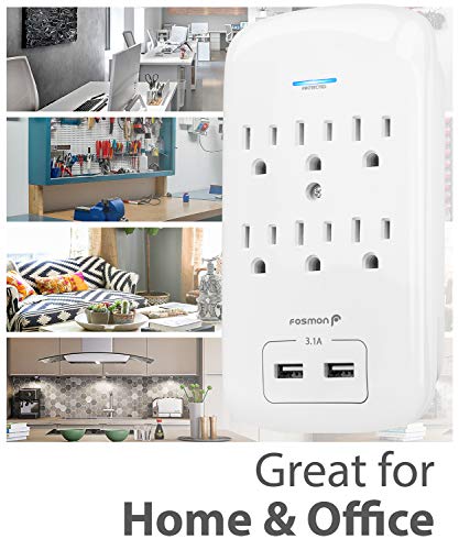 Fosmon 6 Outlet Surge Protector 1200 Joules with 2 USB Ports Charger (3.1A), Multi Plug Outlet Extender 1875 Watt, 3-Prong Grounded Wall Tap Adapter (2 Pack)