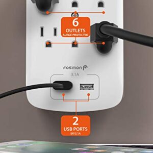 Fosmon 6 Outlet Surge Protector 1200 Joules with 2 USB Ports Charger (3.1A), Multi Plug Outlet Extender 1875 Watt, 3-Prong Grounded Wall Tap Adapter (2 Pack)