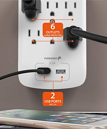 Fosmon 6 Outlet Surge Protector 1200 Joules with 2 USB Ports Charger (3.1A), Multi Plug Outlet Extender 1875 Watt, 3-Prong Grounded Wall Tap Adapter (2 Pack)